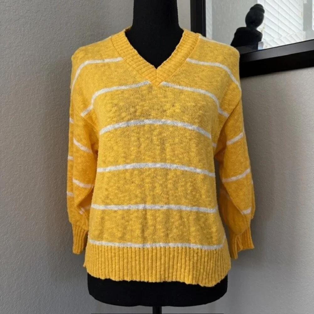 VINTAGE 80s DVF Diane Von Furstenberg Yellow Striped V-Neck Sweater Small